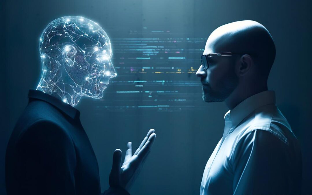 un robot habla a un hombre para visualizar la relación entre robots y humanos en la IA